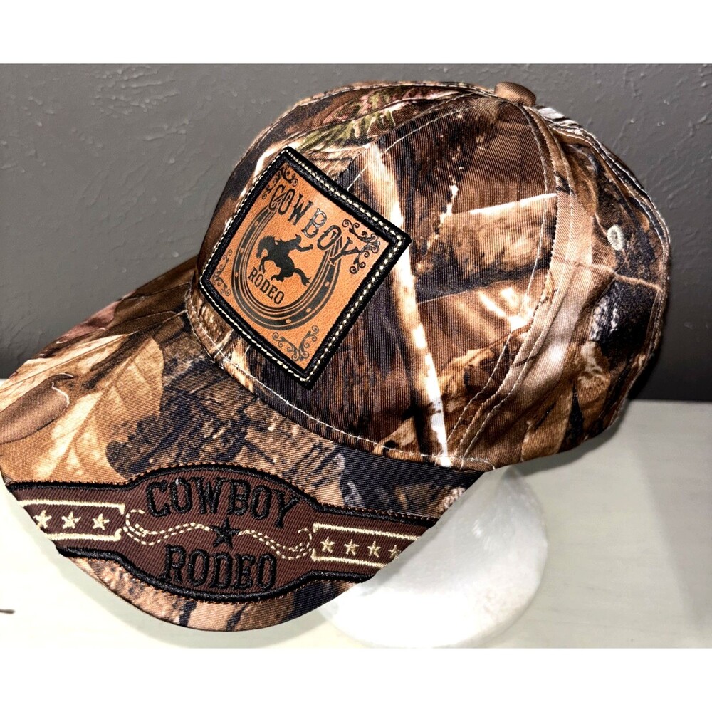Cowboy Rodeo Embroidered Leather Patch Brown Camo Adjustable Strapback Cap EZCap